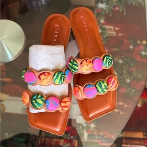 Gianni Bini Orange Slide Sandals with Multicolor Beaded Accents